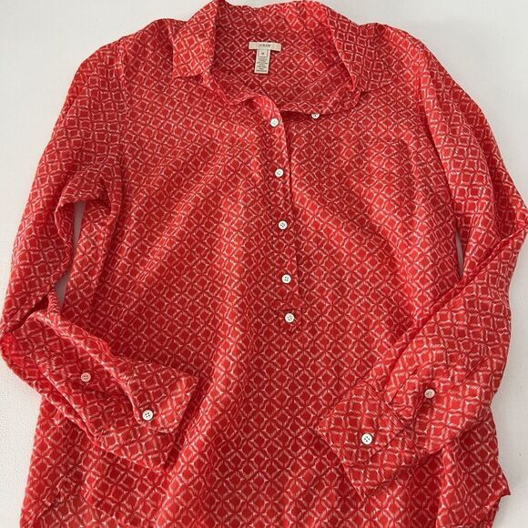 J. Crew Popover Shirt Womens M Red Printed Cotton/Silk Blouse Lightweight Airy - Picture 3 of 8